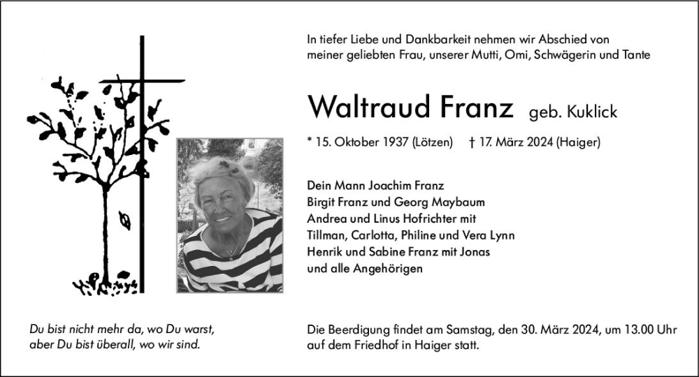  Traueranzeige für Waltraud Franz vom 23.03.2024 aus Dill Block