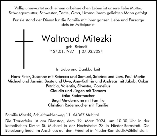 Traueranzeige von Waltraud Mitezki von Darmstädter Echo