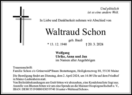 Traueranzeige von Waltraud Schon von Allgemeine Zeitung Mainz