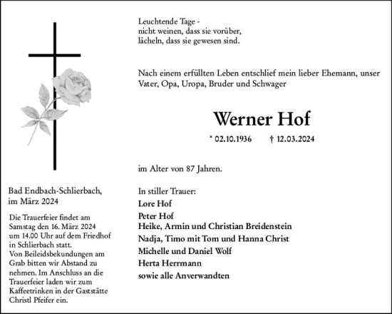 Traueranzeige von Werner Hof von Hinterländer Anzeiger