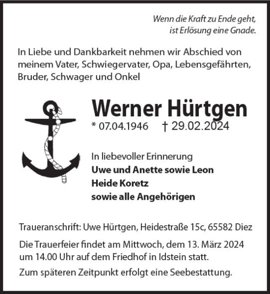 Traueranzeige von Werner Hürtgen von Idsteiner Land/Untertaunus