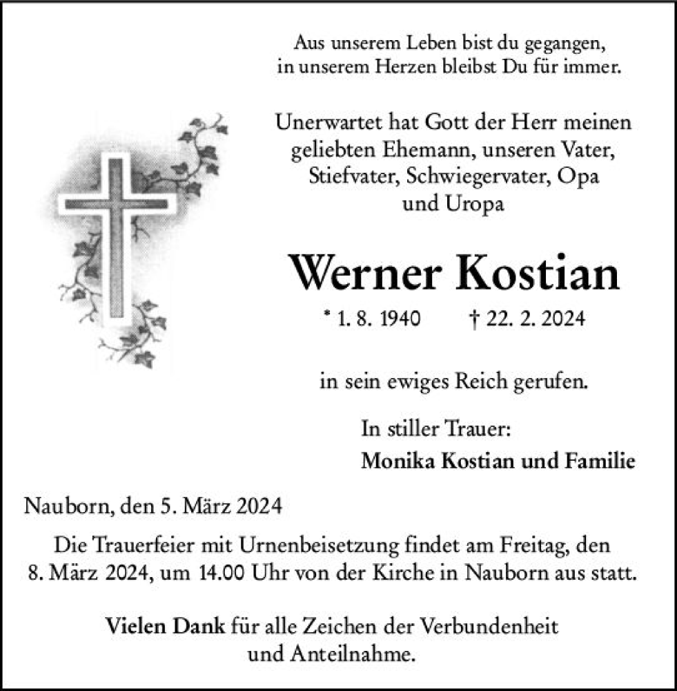  Traueranzeige für Werner Kostian vom 05.03.2024 aus Wetzlarer Neue Zeitung