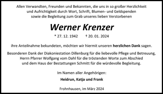 Traueranzeige von Werner Krenzer von Dill Block