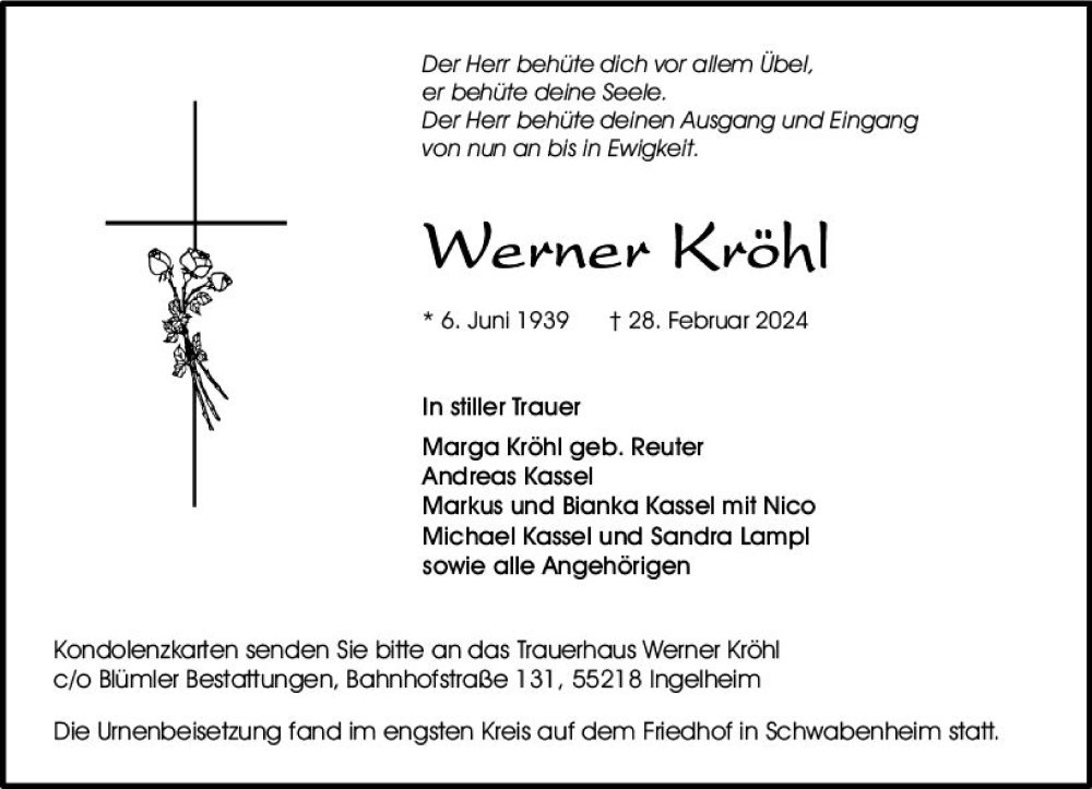  Traueranzeige für Werner Kröhl vom 23.03.2024 aus Allgemeine Zeitung Bingen/Ingelheim