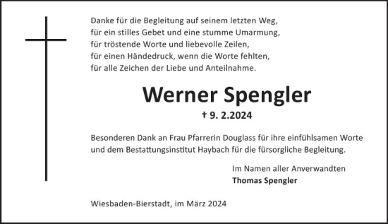 Traueranzeige von Werner Spengler von Wiesbadener Kurier