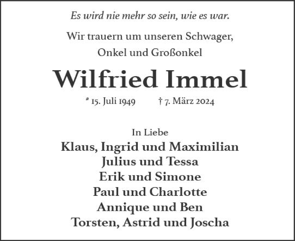  Traueranzeige für Wilfried Immel vom 23.03.2024 aus Wiesbadener Kurier