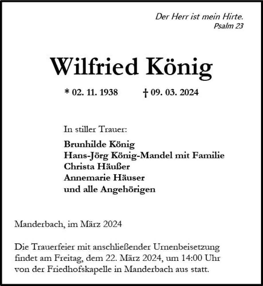  Traueranzeige für Wilfried König vom 19.03.2024 aus Dill Block