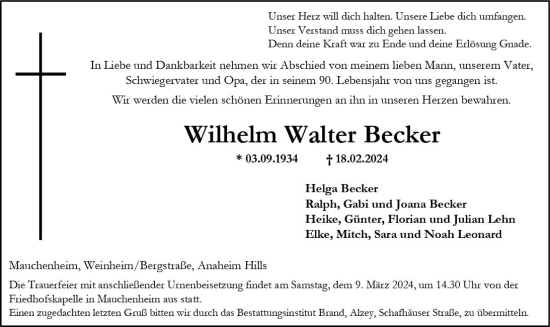 Traueranzeige von Wilhelm Walter Becker von Allgemeine Zeitung Alzey