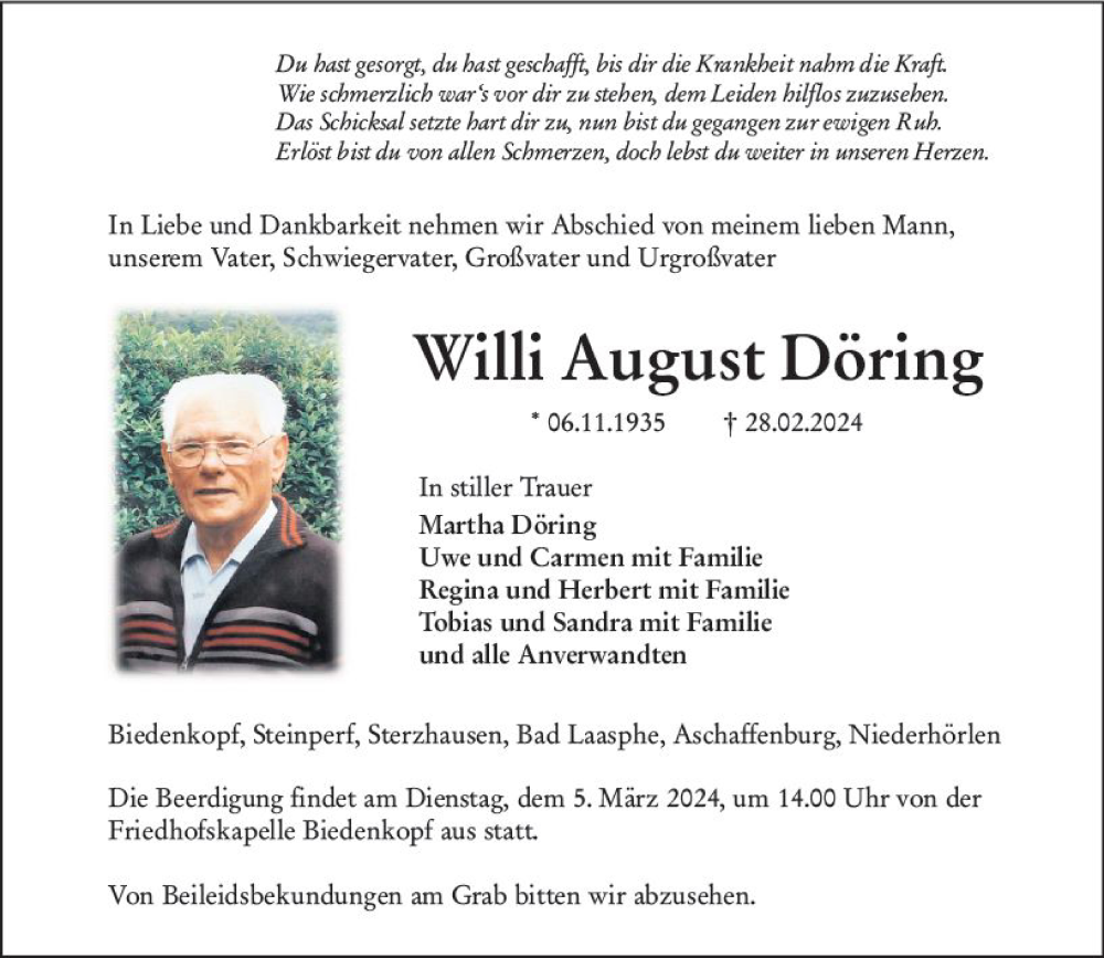  Traueranzeige für Willi August Döring vom 01.03.2024 aus Hinterländer Anzeiger