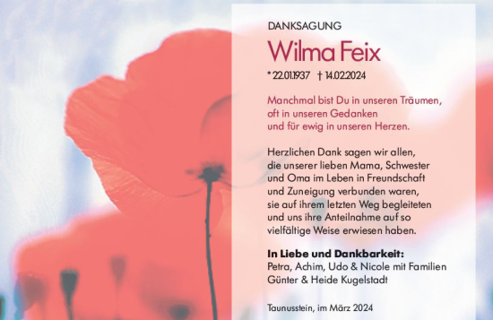 Traueranzeige von Wilma Feix von Idsteiner Land/Untertaunus