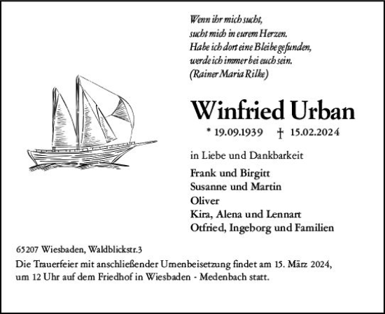 Traueranzeige von Winfried Urban von Wiesbadener Kurier