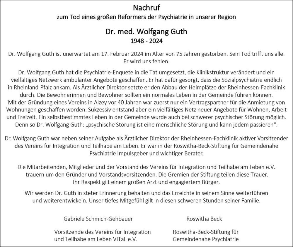  Traueranzeige für Wolfgang Guth vom 02.03.2024 aus Allgemeine Zeitung Alzey