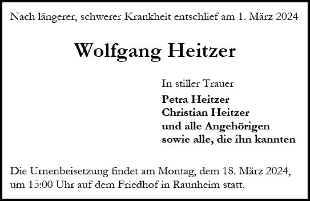  Traueranzeige für Wolfgang Heitzer vom 09.03.2024 aus Rüsselsheimer Echo