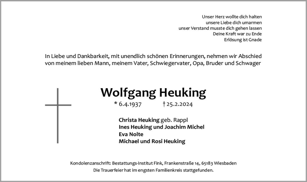  Traueranzeige für Wolfgang Heuking vom 16.03.2024 aus Wiesbadener Kurier