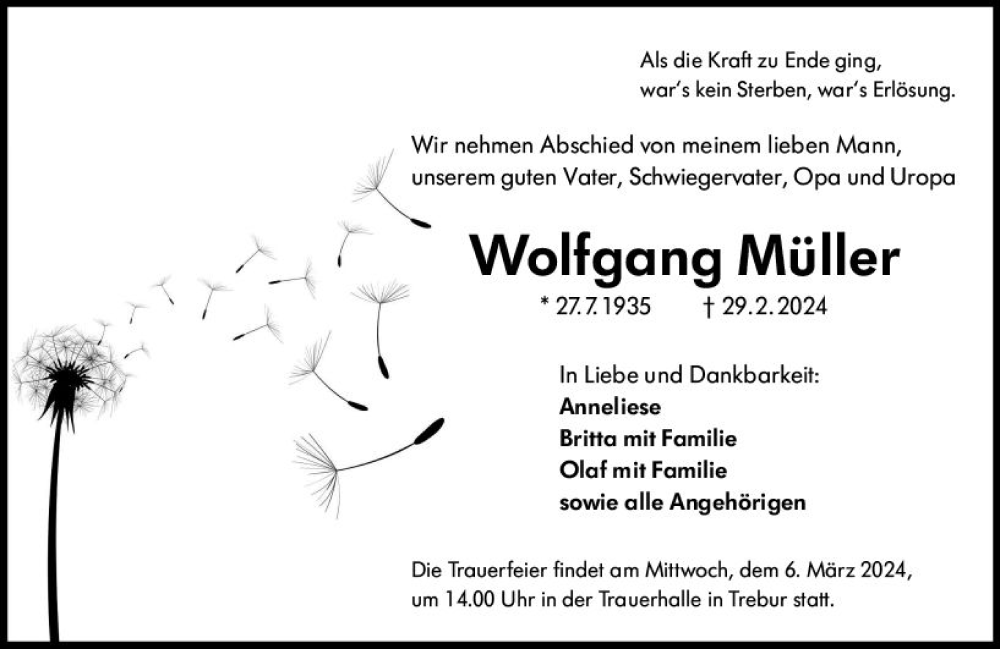  Traueranzeige für Wolfgang Müller vom 04.03.2024 aus Groß-Gerauer Echo