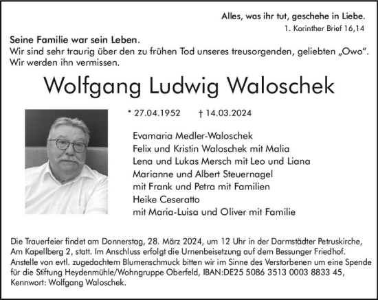 Traueranzeige von Wolfgang Ludwig Waloschek von Darmstädter Echo