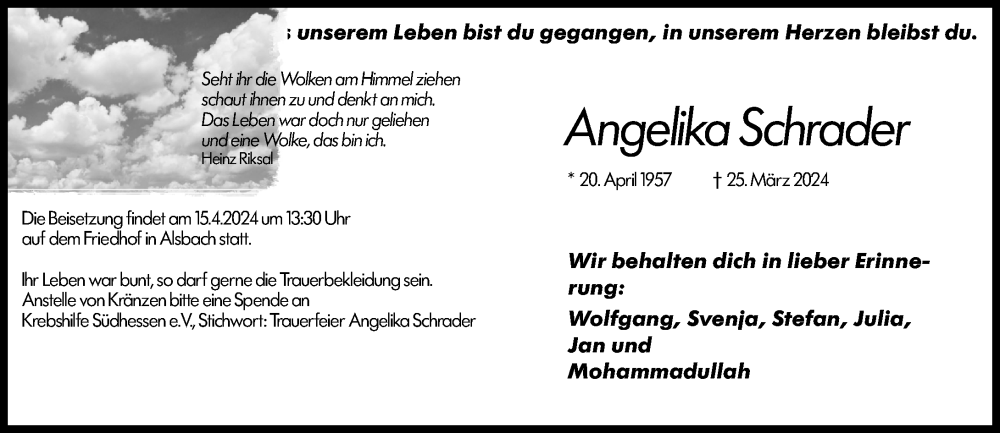  Traueranzeige für Angelika Schrader vom 30.03.2024 aus Darmstädter Echo