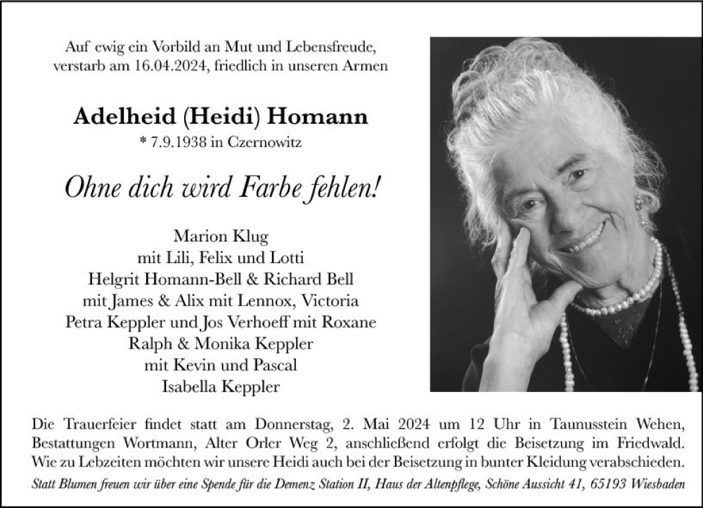  Traueranzeige für Adelheid Homann vom 20.04.2024 aus Wiesbadener Kurier