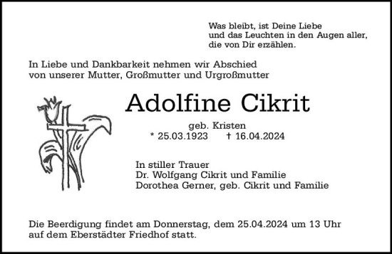 Traueranzeige von Adolfine Cikrit von Darmstädter Echo