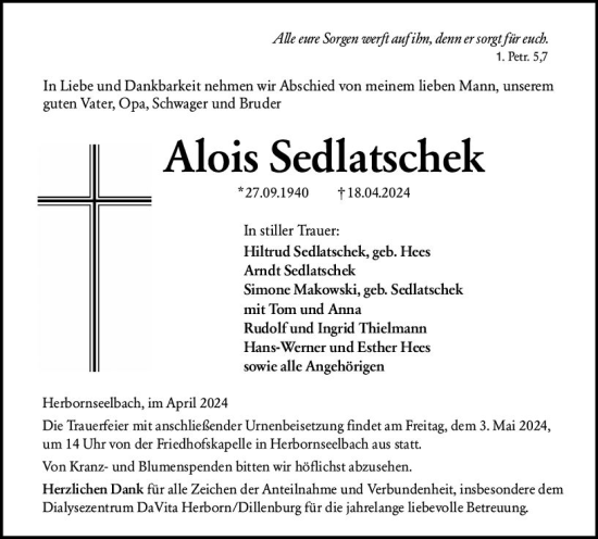 Traueranzeige von Alois Sedlatschek von Dill Block
