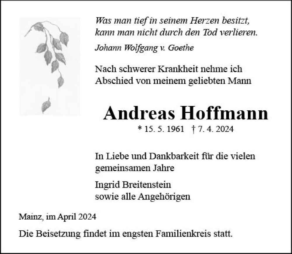 Traueranzeige für Andreas Hoffmann vom 13.04.2024 aus Allgemeine Zeitung Mainz