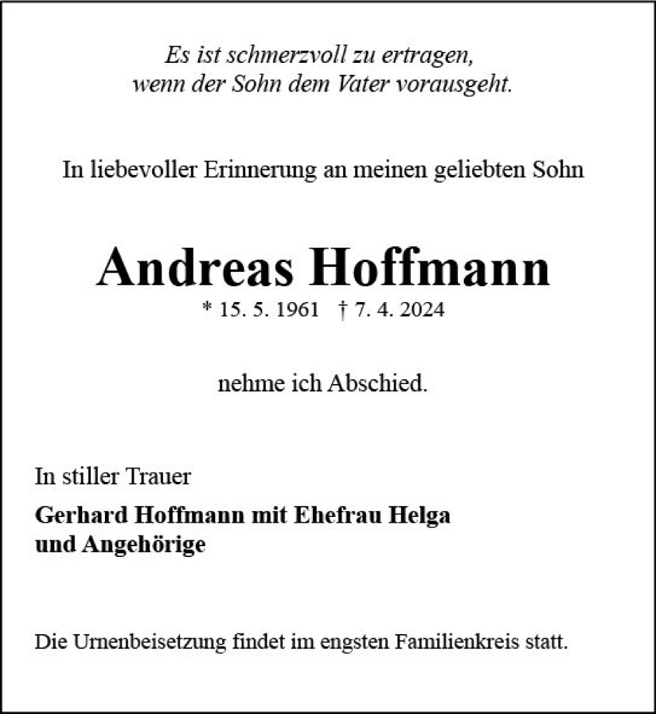  Traueranzeige für Andreas Hoffmann vom 13.04.2024 aus Allgemeine Zeitung Mainz