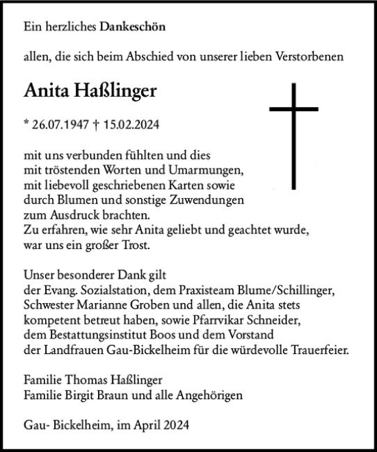 Traueranzeige von Anita Haßlinger von Allgemeine Zeitung Alzey