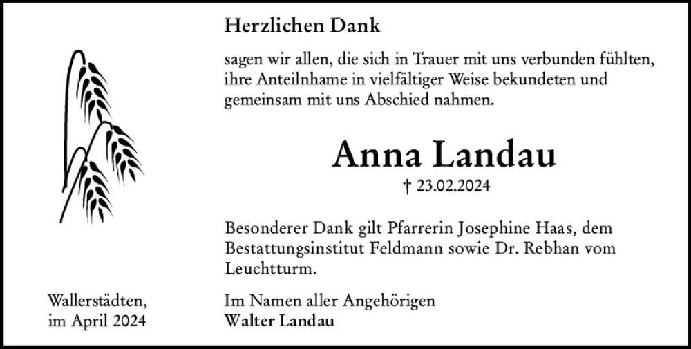  Traueranzeige für Anna Landau vom 06.04.2024 aus Groß-Gerauer Echo