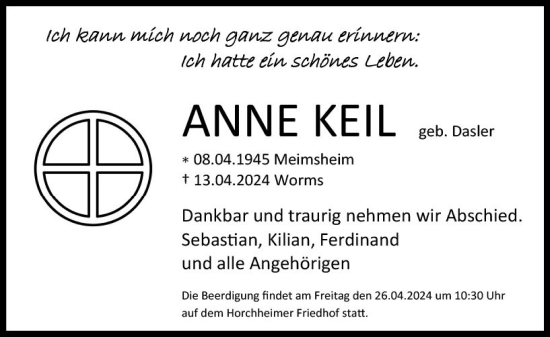 Traueranzeige von Anne Keil von Wormser Zeitung