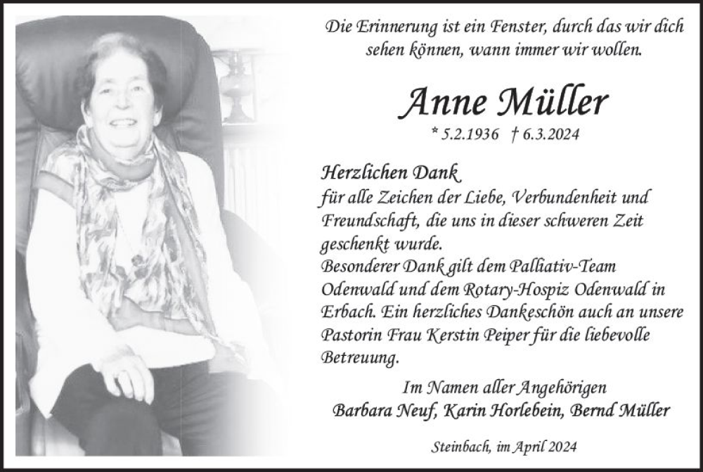  Traueranzeige für Anne Müller vom 06.04.2024 aus Odenwälder Echo