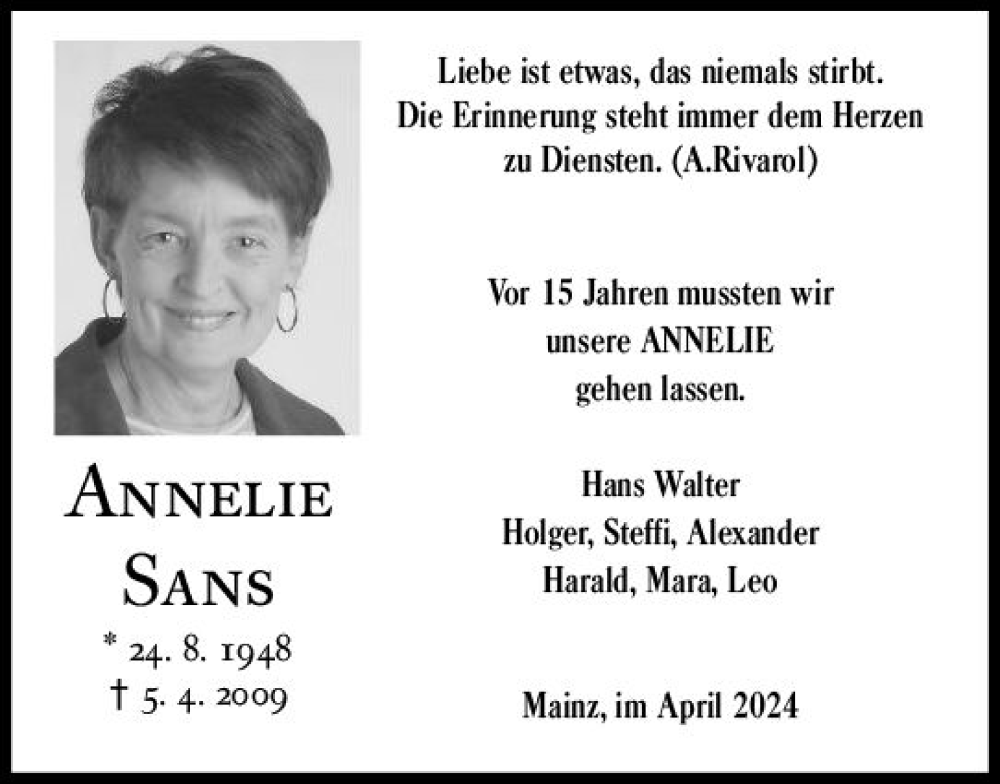  Traueranzeige für Annelie Sans vom 06.04.2024 aus Allgemeine Zeitung Mainz
