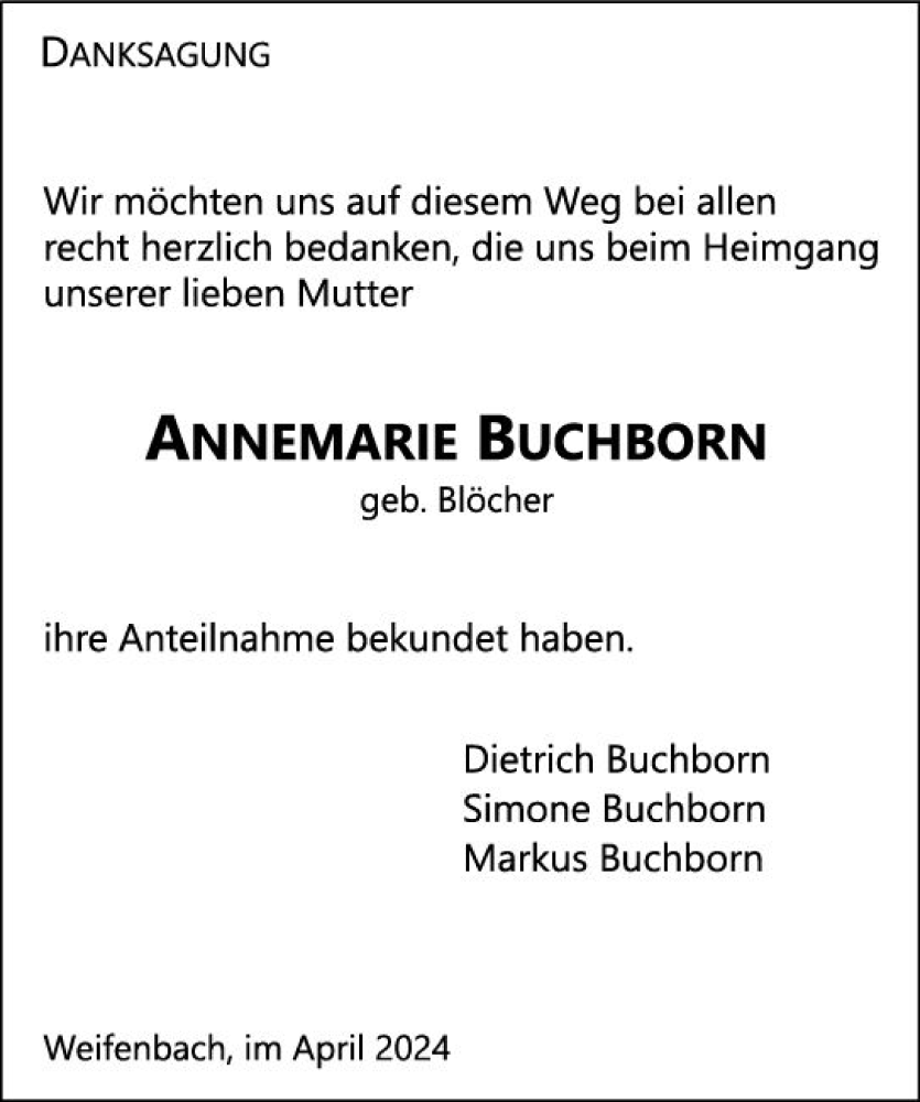  Traueranzeige für Annemarie Buchborn vom 20.04.2024 aus Hinterländer Anzeiger