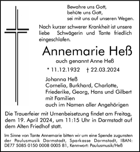 Traueranzeige von Annemarie Heß von Darmstädter Echo