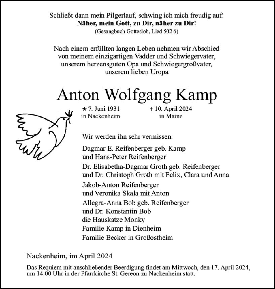  Traueranzeige für Anton Wolfgang Kamp vom 13.04.2024 aus Allgemeine Zeitung Mainz