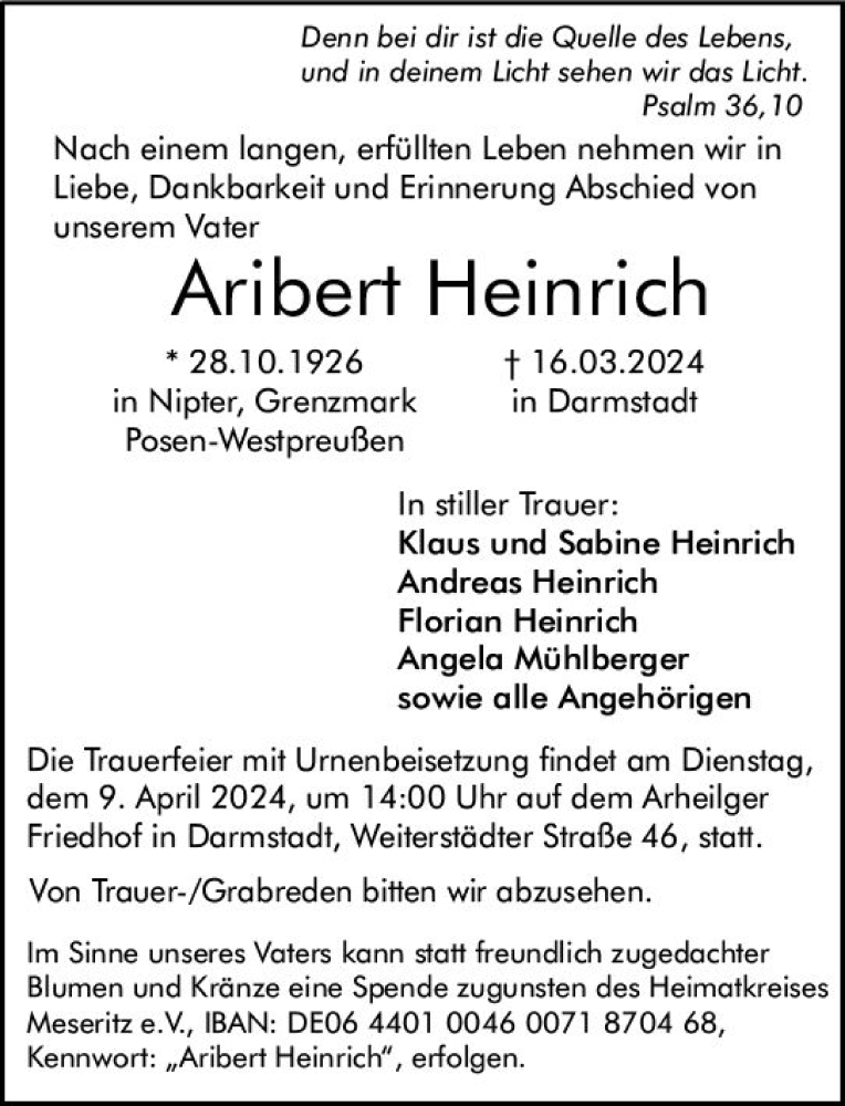  Traueranzeige für Aribert Heinrich vom 06.04.2024 aus Darmstädter Echo