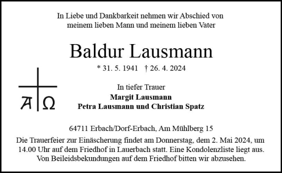 Traueranzeige von Baldur Lausmann von Odenwälder Echo