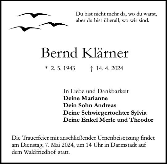 Traueranzeige von Bernd Klärner von Darmstädter Echo