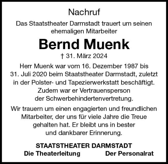 Traueranzeige von Bernd Muenk von Darmstädter Echo