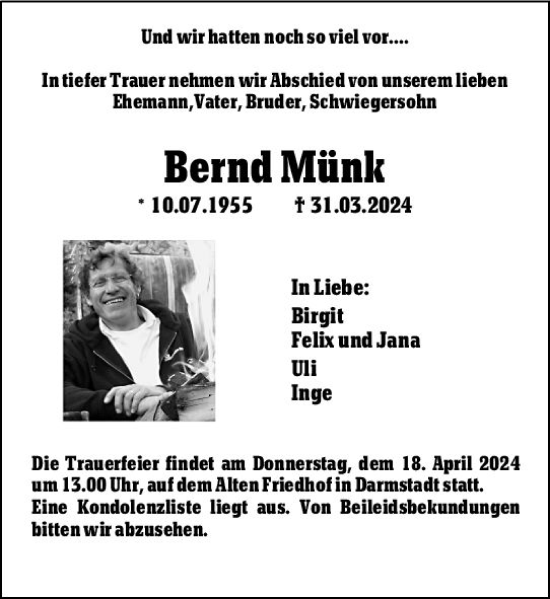 Traueranzeige von Bernd Münk von Darmstädter Echo