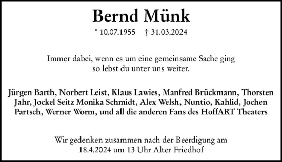 Traueranzeige von Bernd Münk von Darmstädter Echo