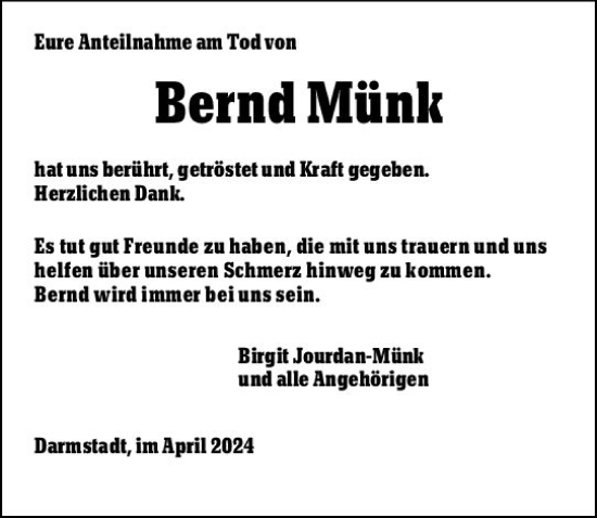 Traueranzeige von Bernd Münk von Darmstädter Echo