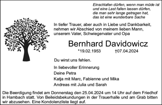 Traueranzeige von Bernhard Davidowicz von Starkenburger Echo