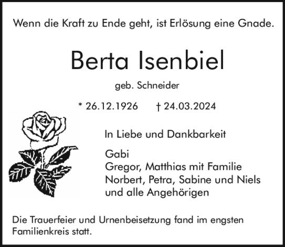  Traueranzeige für Berta lsenbiel vom 13.04.2024 aus Darmstädter Echo