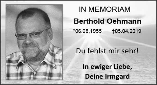 Traueranzeige von Berthold Oehmann von Allgemeine Zeitung Bingen/Ingelheim