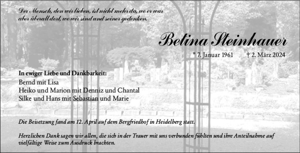  Traueranzeige für Betina Steinhauer vom 20.04.2024 aus Weilburger Tageblatt