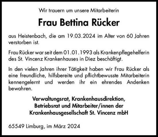 Traueranzeige von Bettina Rücker von Nassauische Neue Presse