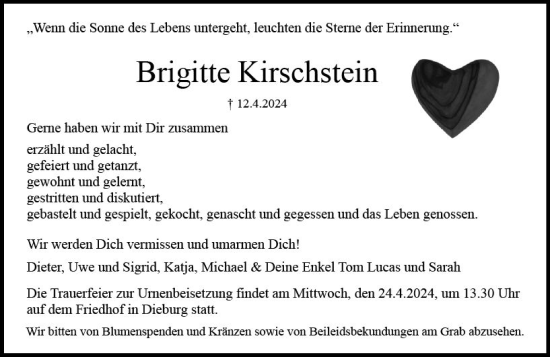 Traueranzeige von Brigitte Kirschstein von Dieburger Anzeiger/Groß-Zimmerner Lokal-Anzeiger