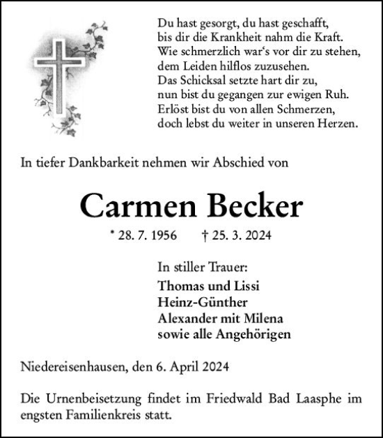 Traueranzeige von Carmen Becker von Hinterländer Anzeiger