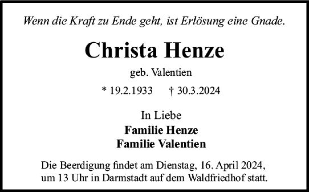  Traueranzeige für Christa Henze vom 06.04.2024 aus Darmstädter Echo