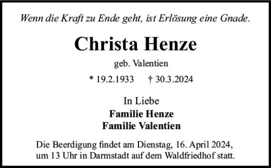 Traueranzeige von Christa Henze von Darmstädter Echo